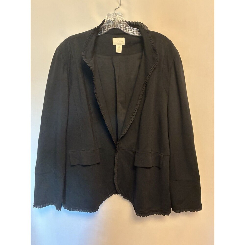 Chico's Black Open Front Ruffle Trim Collared Jacket Pockets Size 3 XL